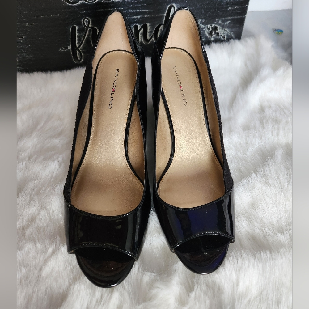 BLACK PATENT LEATHER AND A MATTE BLACK FABRIC HEELS - Picture 2 of 6